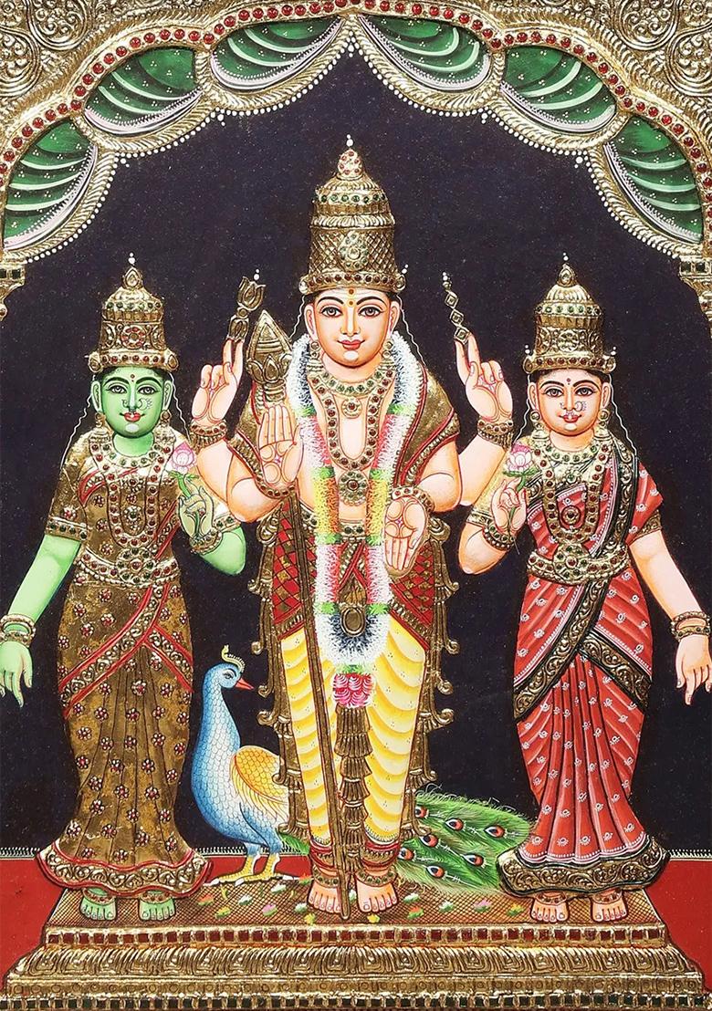 Majestic Lord Karttikeya With Devasena And Valli Tanjore Painting