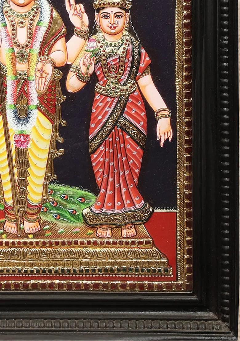 Majestic Lord Karttikeya With Devasena And Valli Tanjore Painting