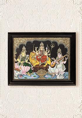 Goddess Durga Lakshmi And Saraswati Tanjore Painting