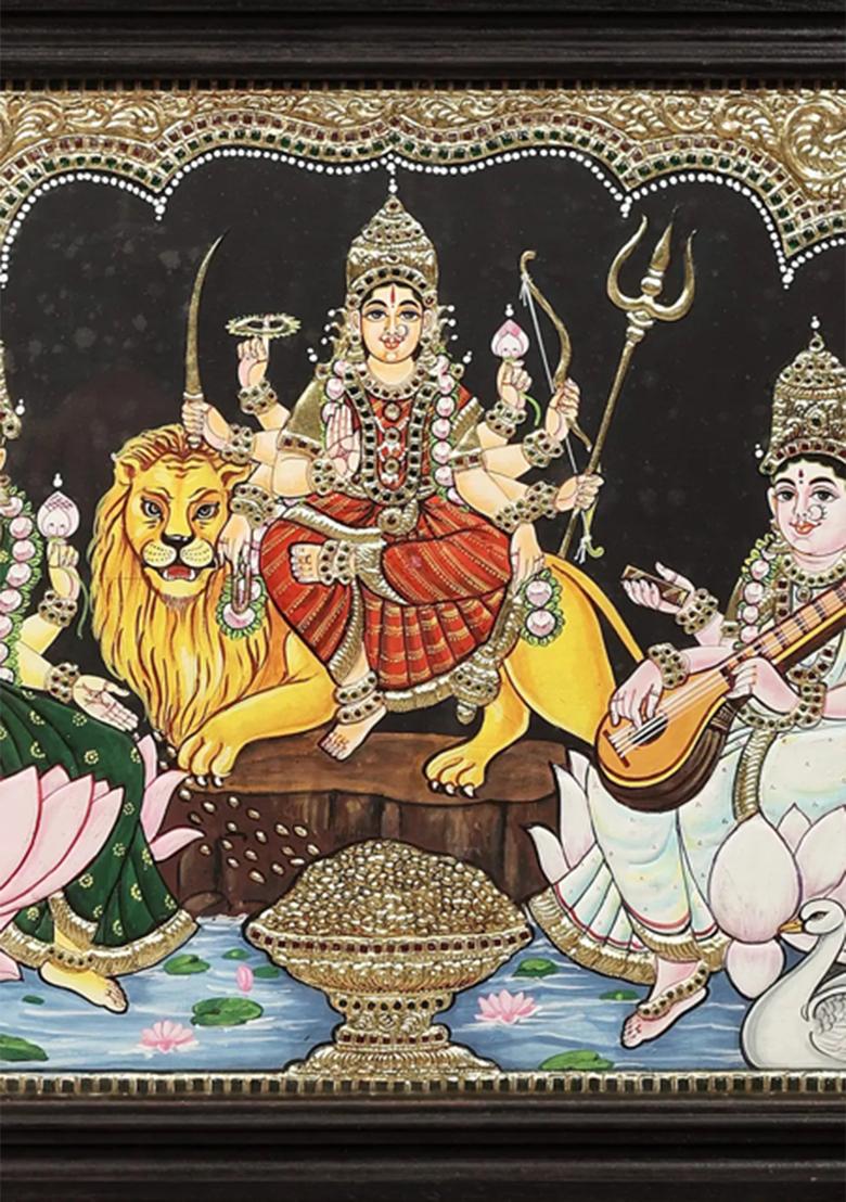 Goddess Durga Lakshmi And Saraswati Tanjore Painting