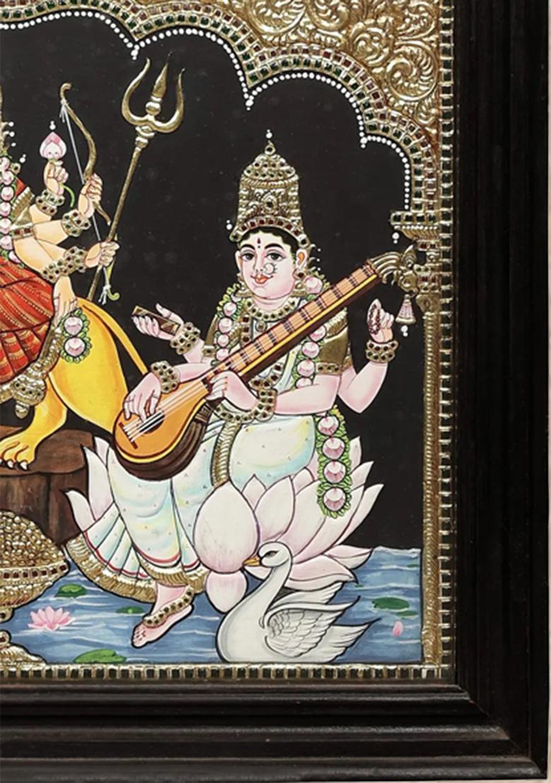 Goddess Durga Lakshmi And Saraswati Tanjore Painting