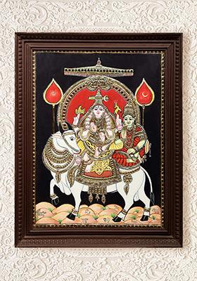 Eternal Union Shiva Parvati Seated On Nandi Tanjore Painting