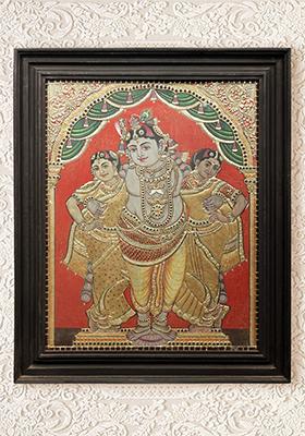 Divine Union Lord Krishna With Rukmini And Satyabhama Tanjore Painting