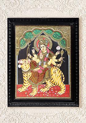 Ashtabhuja Goddess Durga Tanjore Painting 24K Gold