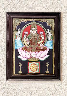 Handcrafted Lakshmi Seated On Lotus Traditional Tanjore Art