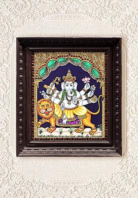 Lord Ganesha Seated On Lion Tanjore Painting