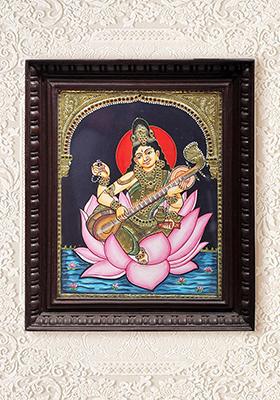 Goddess Saraswati Seated On Lotus Tanjore Painting 24K Gold