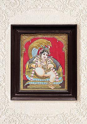 Krishna Sucking His Thumb Tanjore Painting 24K Gold