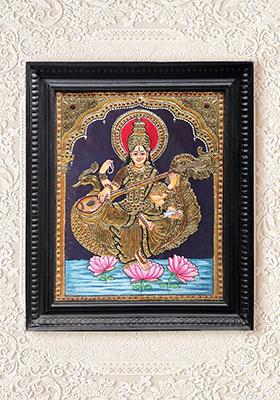 Goddess Saraswati Seated On Swan Tanjore Painting