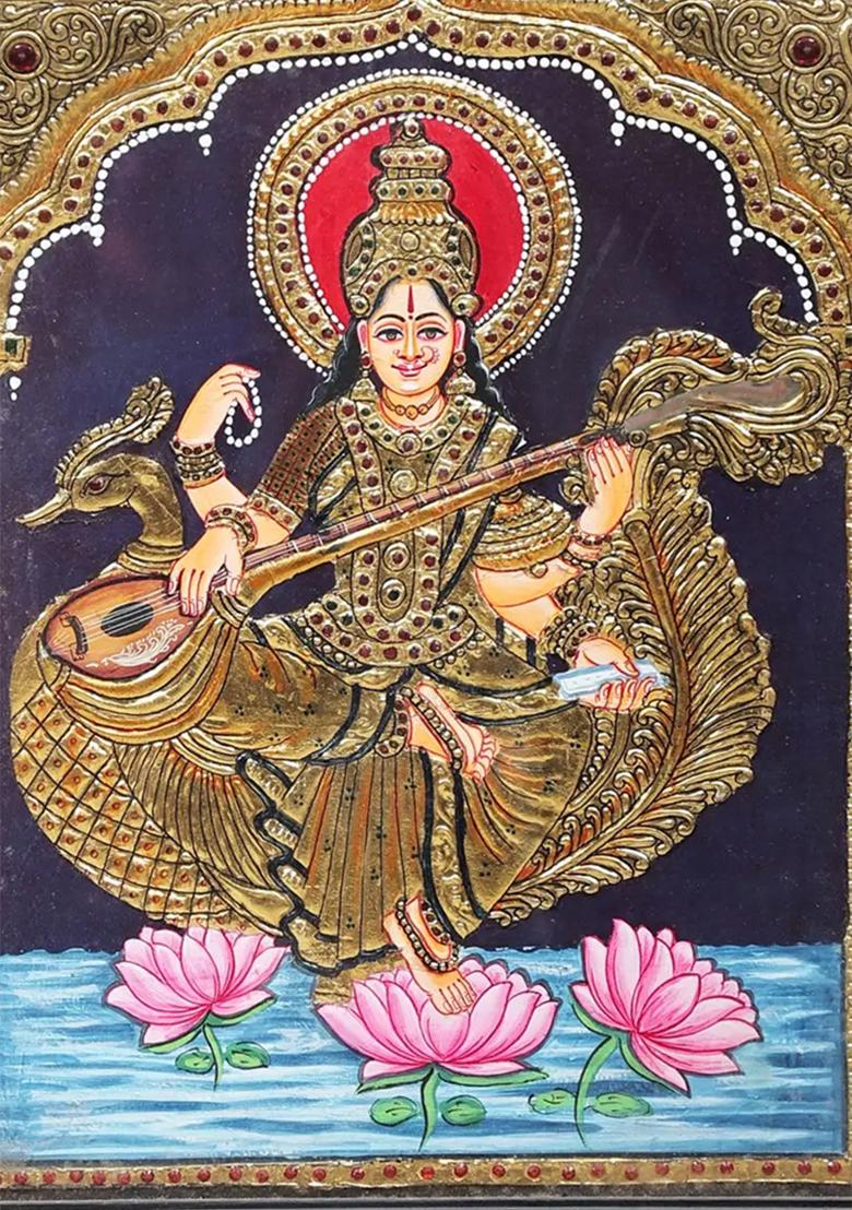 Goddess Saraswati Seated On Swan Tanjore Painting