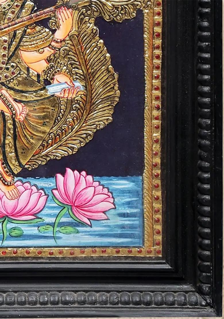 Goddess Saraswati Seated On Swan Tanjore Painting
