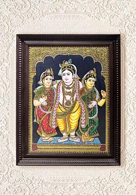 Lord Krishna With Rukmini And Satyabhama Tanjore Painting 24K Gold