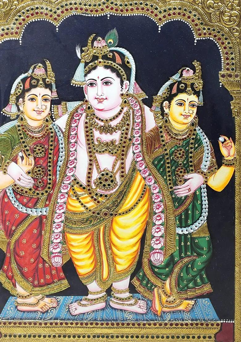 Lord Krishna With Rukmini And Satyabhama Tanjore Painting 24K Gold