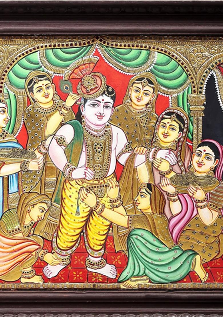 Gopis Decorating Lord Krishna Tanjore Painting 24K Gold