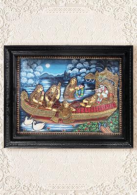 Shri Krishna And Radha With Gopis On The Ferry Boat Tanjore Painting