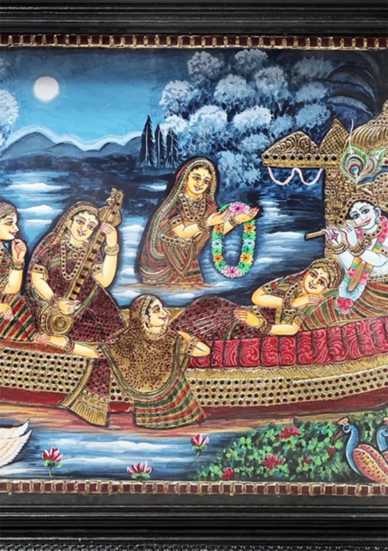 Shri Krishna And Radha With Gopis On The Ferry Boat Tanjore Painting