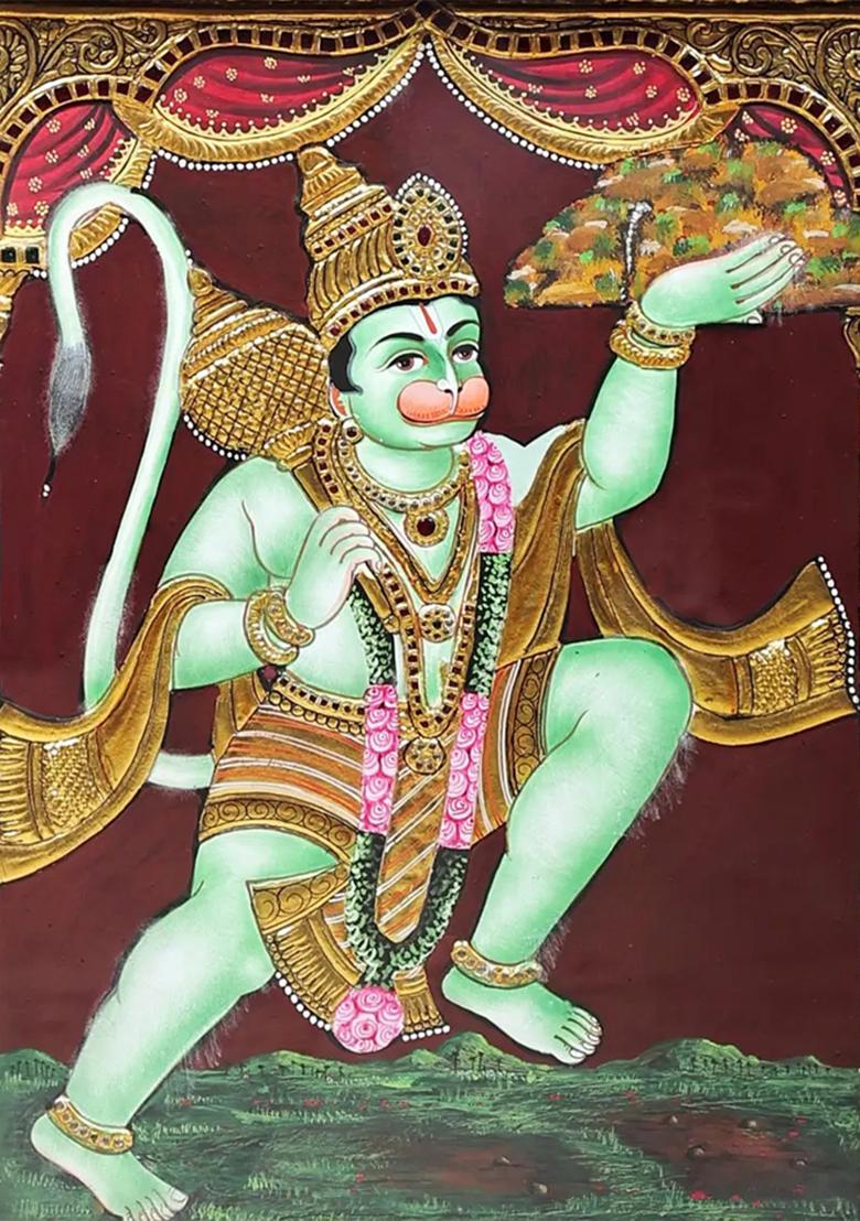 Lord Hanuman Carrying Sanjeevani Booti Tanjore Painting