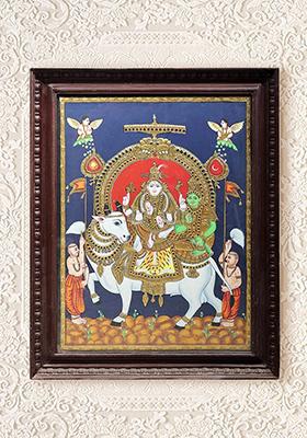 Shiva Parvati On Nandi Tanjore Painting 24K Gold