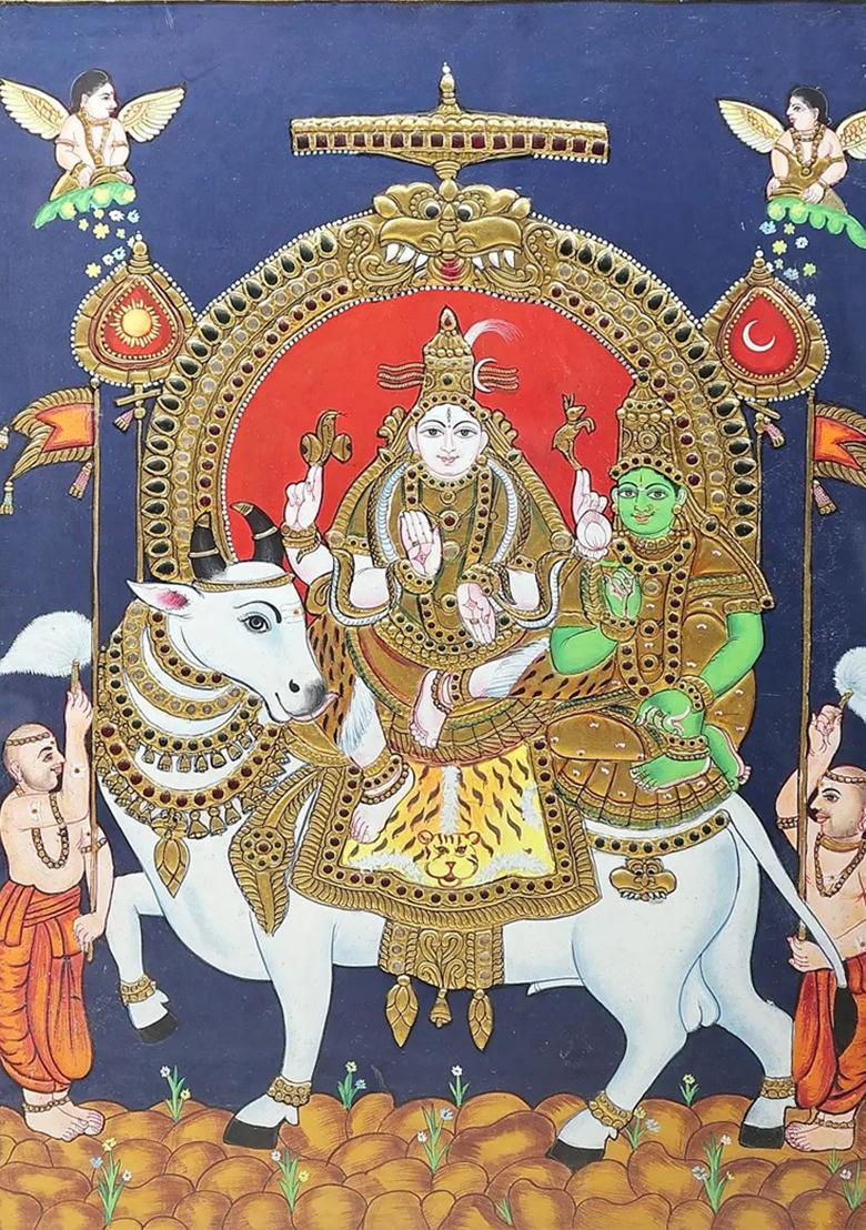 Shiva Parvati On Nandi Tanjore Painting 24K Gold