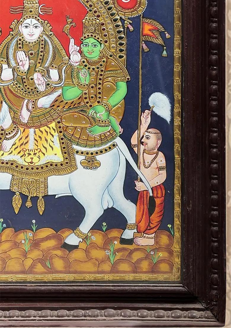 Shiva Parvati On Nandi Tanjore Painting 24K Gold