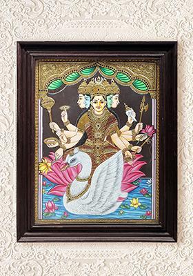 Goddess Gayatri On Swan Tanjore Painting 24K Gold