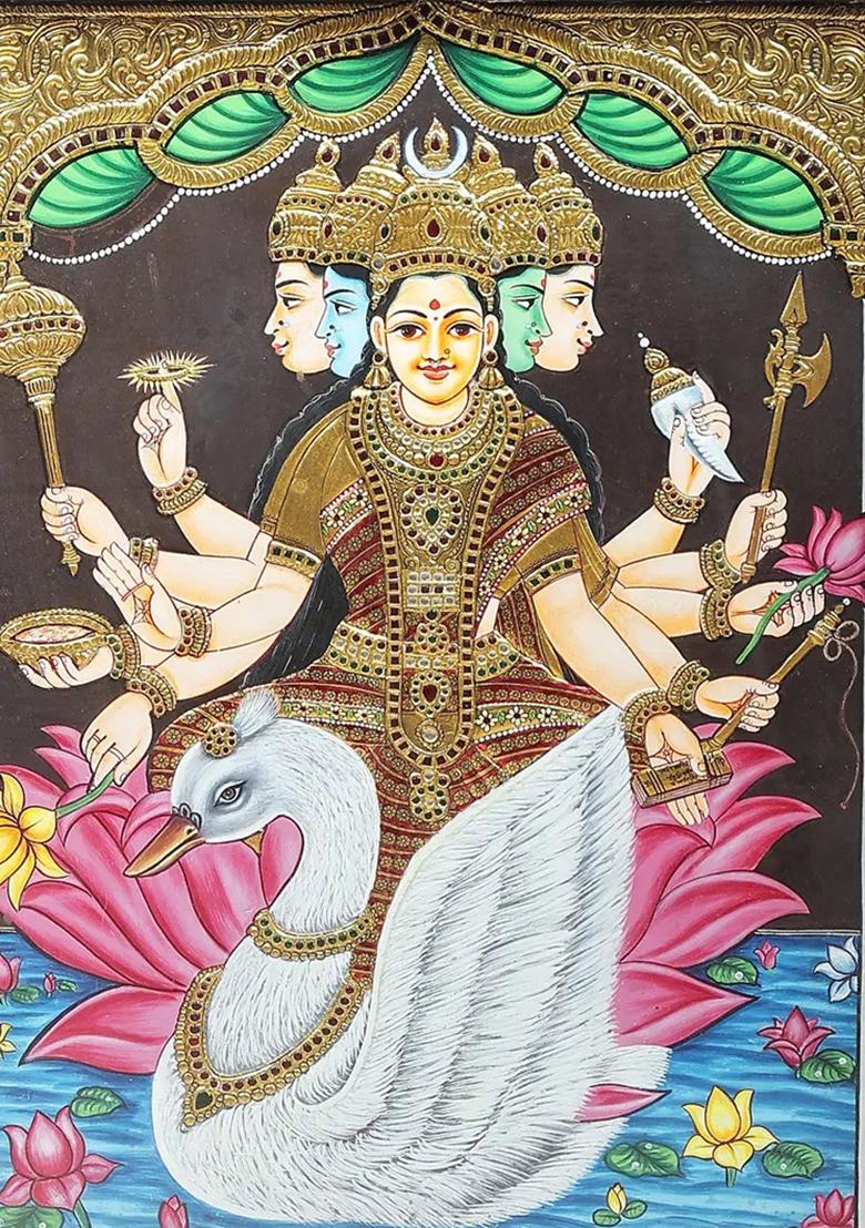Goddess Gayatri On Swan Tanjore Painting 24K Gold