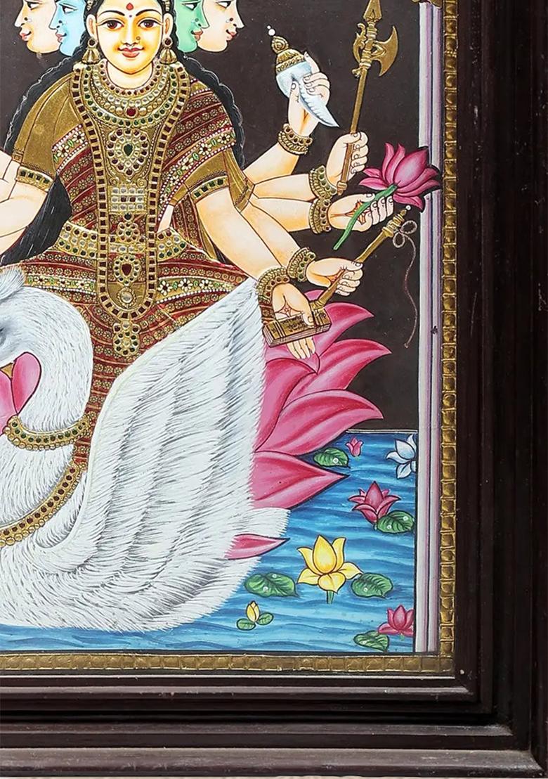 Goddess Gayatri On Swan Tanjore Painting 24K Gold