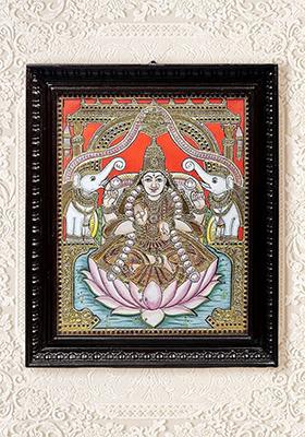 Gajalakshmi Seated On Lotus Tanjore Painting