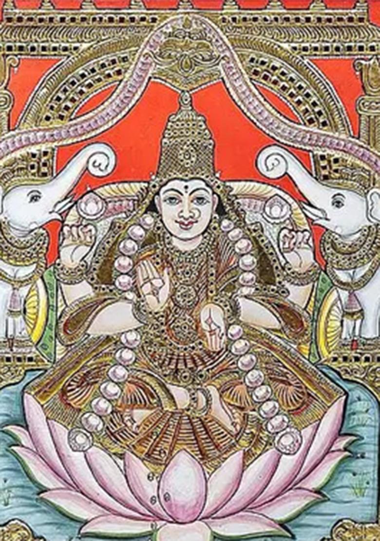 Gajalakshmi Seated On Lotus Tanjore Painting