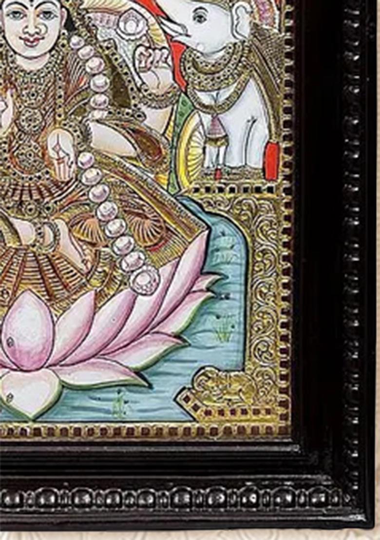 Gajalakshmi Seated On Lotus Tanjore Painting
