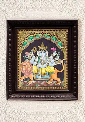 Lord Ganesha Seated On Lion Tanjore Painting 24K Gold