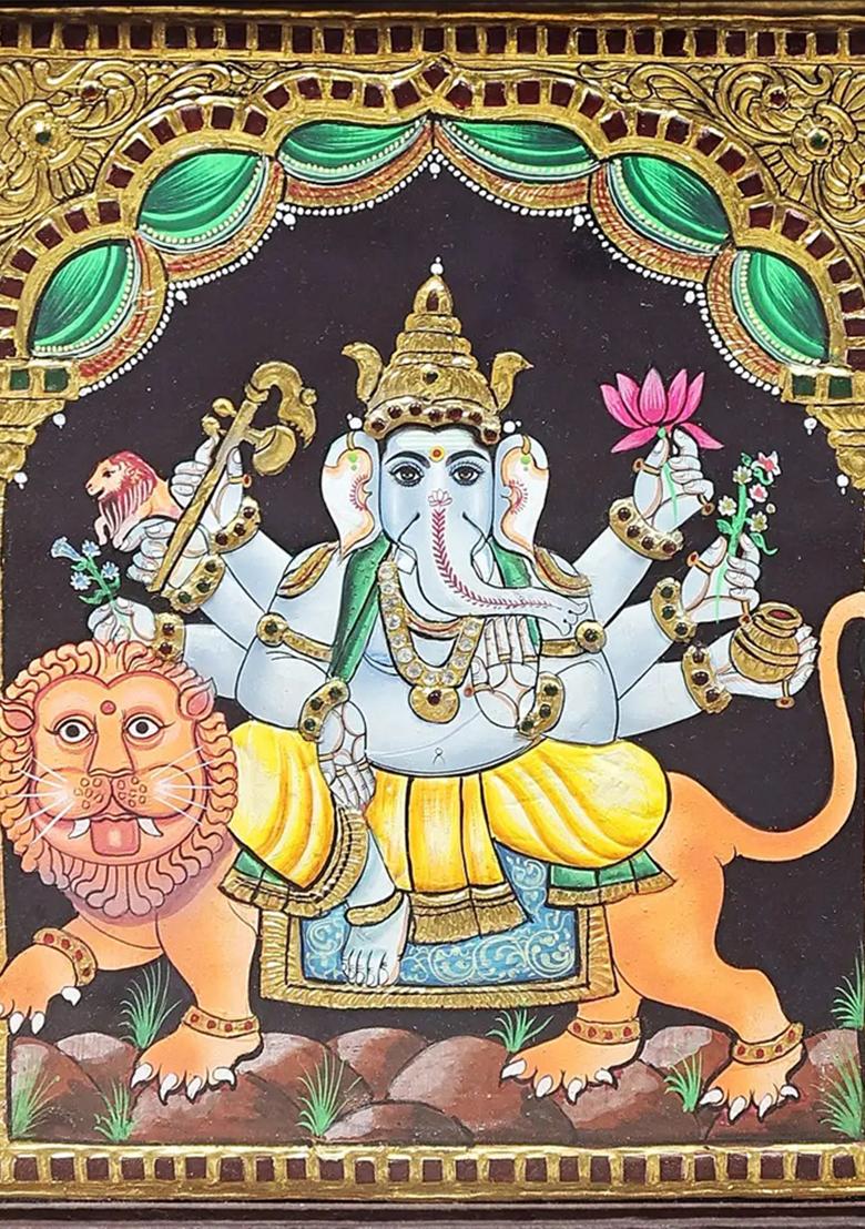 Lord Ganesha Seated On Lion Tanjore Painting 24K Gold