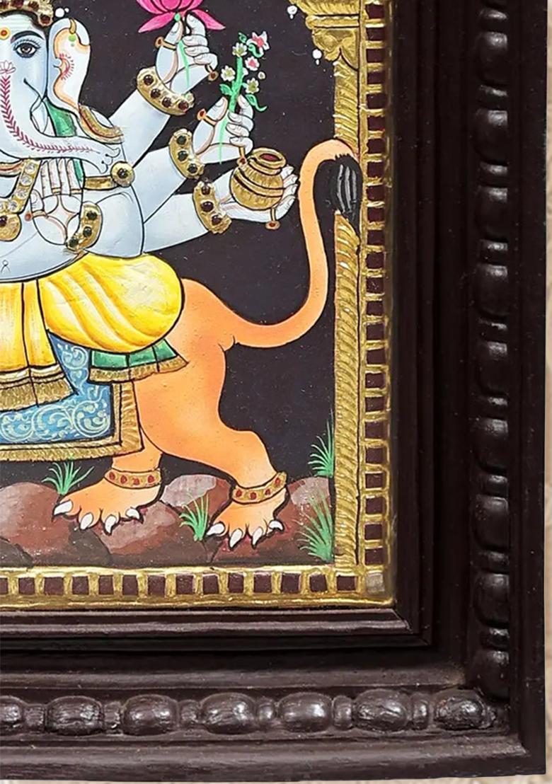 Lord Ganesha Seated On Lion Tanjore Painting 24K Gold