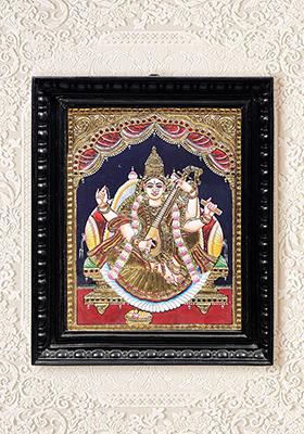 Goddess Saraswati Tanjore Painting 24K Gold