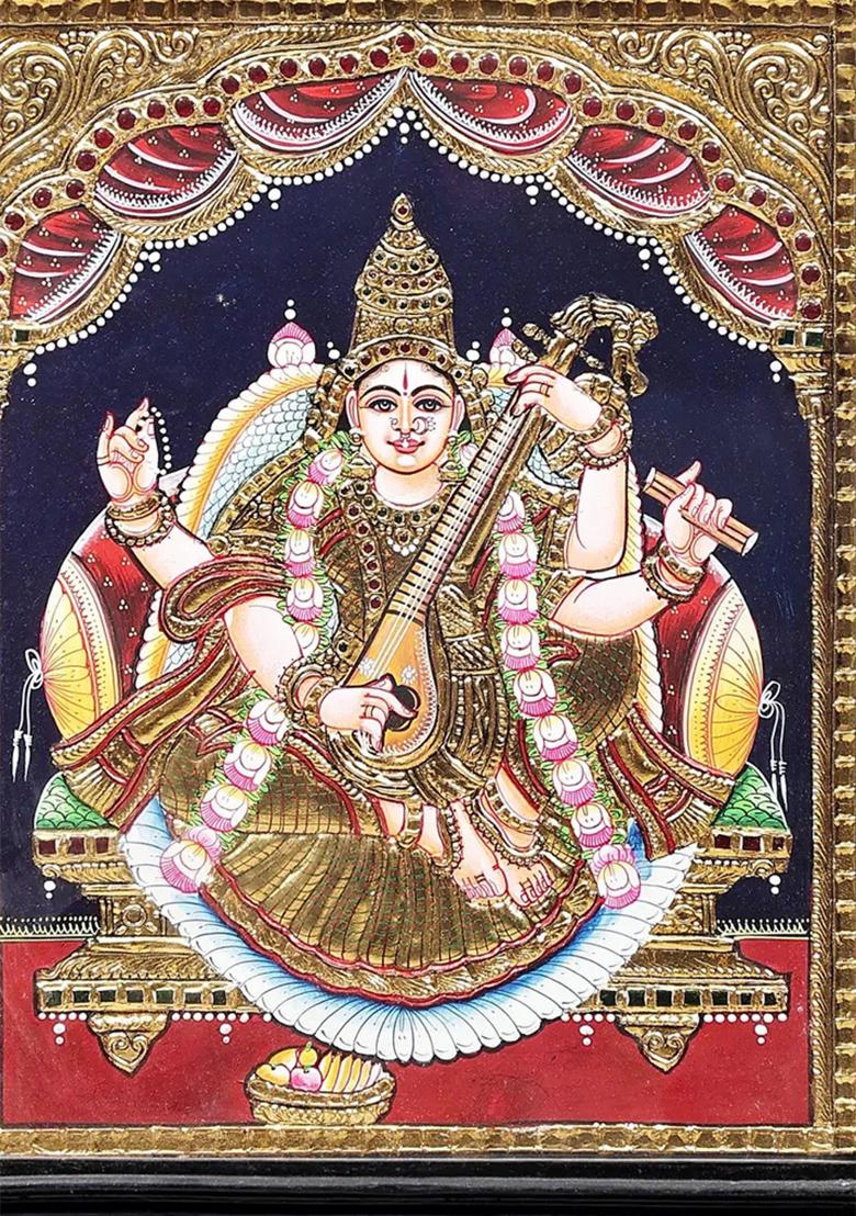 Goddess Saraswati Tanjore Painting 24K Gold