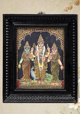 Lord Ktikeya With Devasena And Valli Tanjore Painting