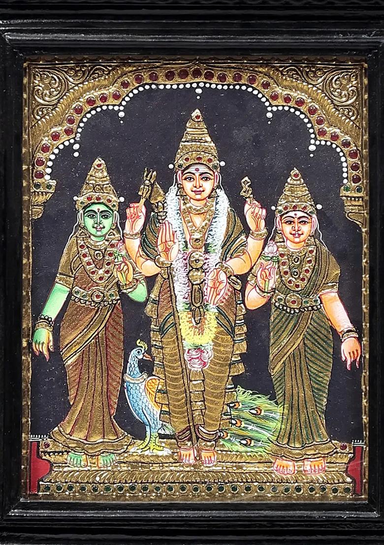 Lord Ktikeya With Devasena And Valli Tanjore Painting