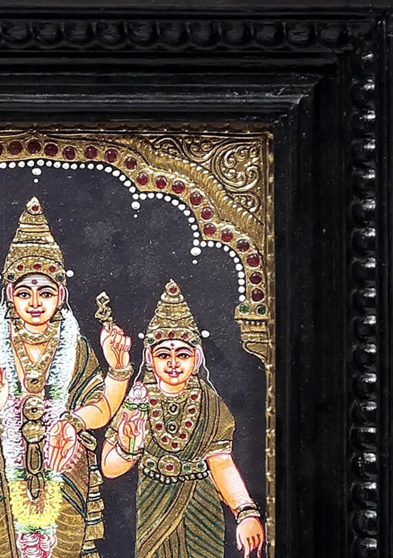 Lord Ktikeya With Devasena And Valli Tanjore Painting