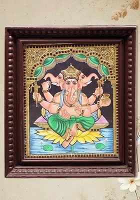 Exquisite Lord Ganesha Seated On Lotus Tanjore Painting