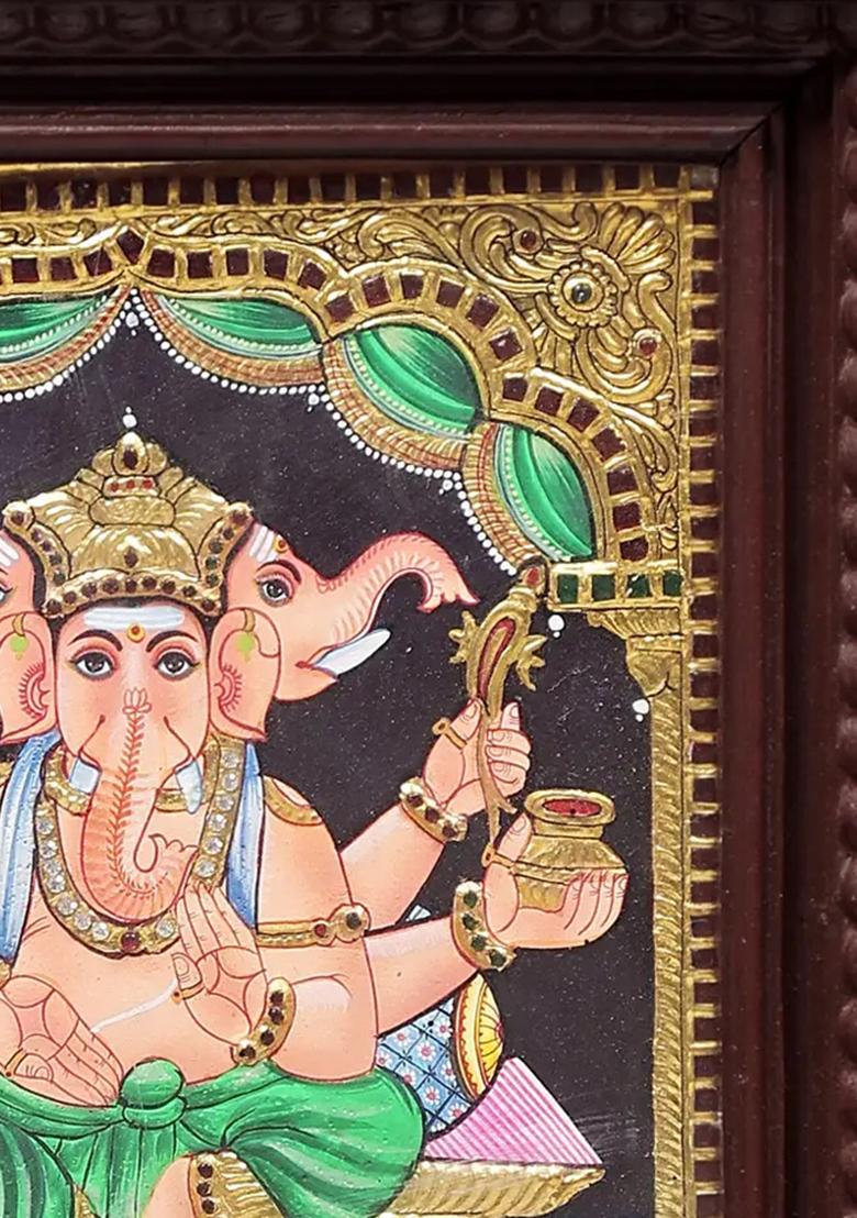 Exquisite Lord Ganesha Seated On Lotus Tanjore Painting