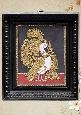 Standing Peacock Tanjore Painting Gold