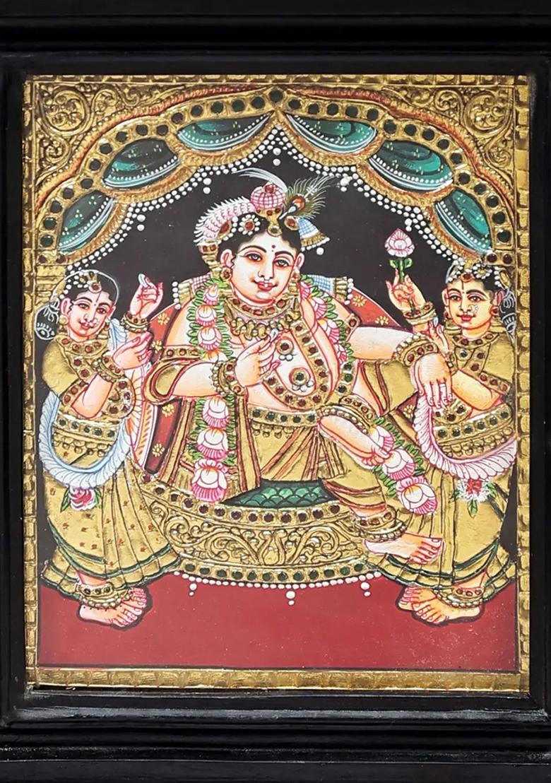 Lord Krishna With Rukmini And Satyabhama Tanjore Painting
