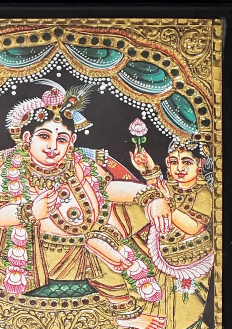 Lord Krishna With Rukmini And Satyabhama Tanjore Painting