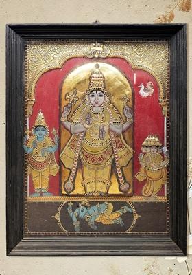 Pashupatinath Shiva With Brahma And Vishnu Tanjore Painting 24K Gold