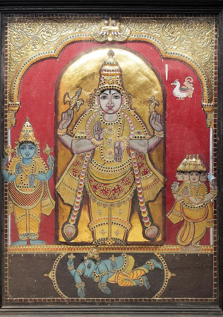 Pashupatinath Shiva With Brahma And Vishnu Tanjore Painting 24K Gold