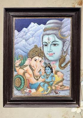 Divine Harmony: Krishna And Ganesha In Shiva Abode Tanjore Painting