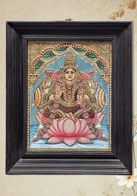 Goddess Dhana Lakshmi On Lotus Tanjore Painting