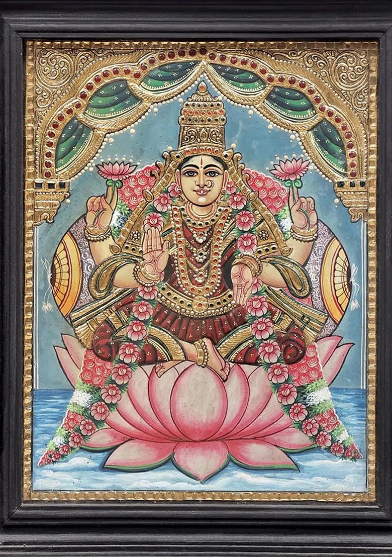 Goddess Dhana Lakshmi On Lotus Tanjore Painting