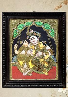 Lord Krishna Swinging With Rukmini And Satyabhama Tanjore Painting