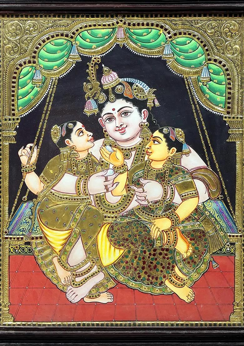 Lord Krishna Swinging With Rukmini And Satyabhama Tanjore Painting